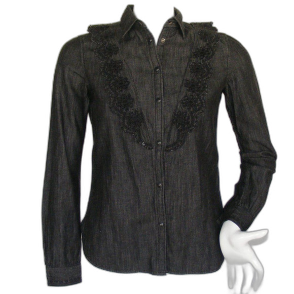 SCOTCH & SODA Blouse, XS, Black Denim, Eyelet Ruffle bib, Long sleeve, Snaps - Picture 1 of 16